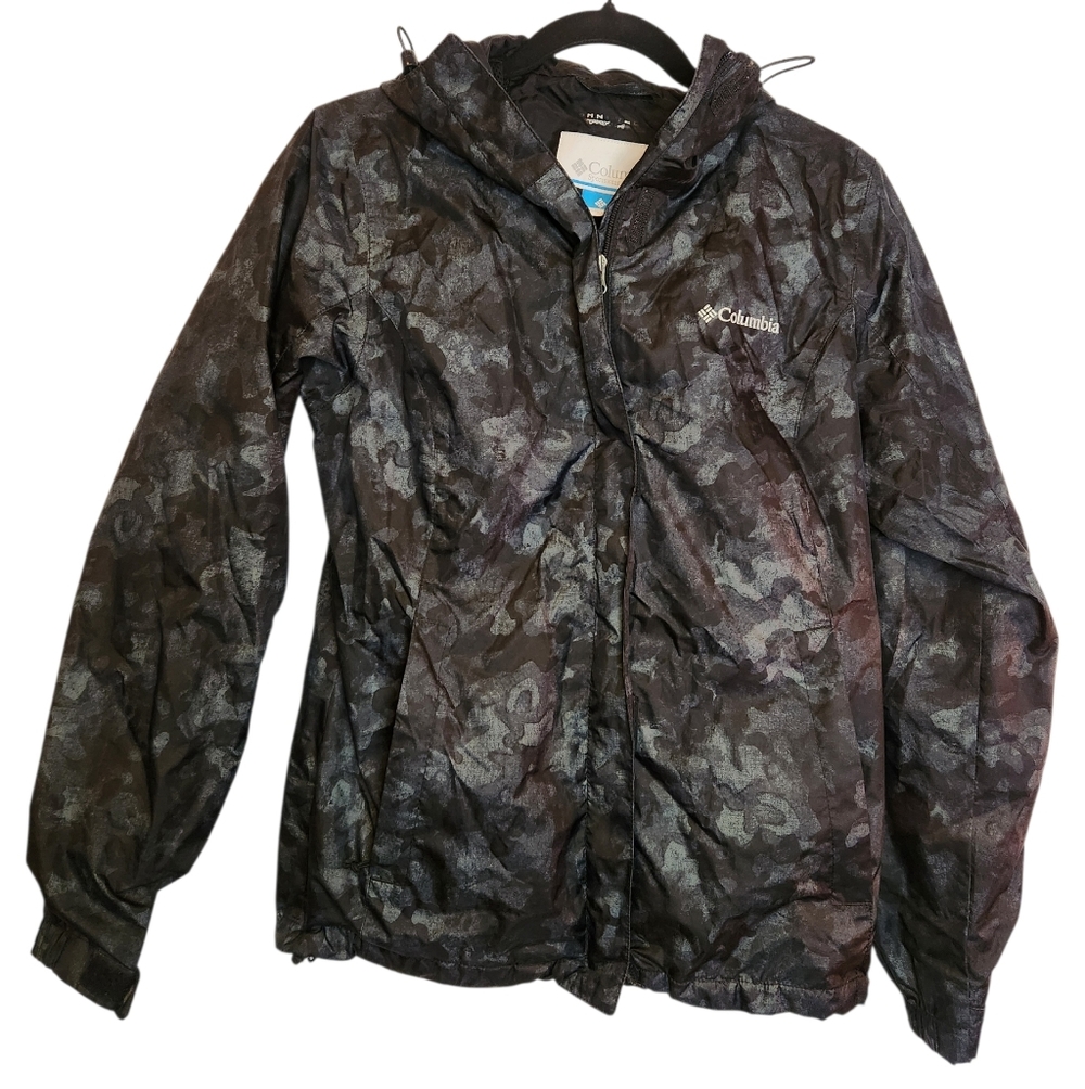 Columbia Omni-Tech Black Camo Print Waterproof Breathable Rain Jacket Women's XS